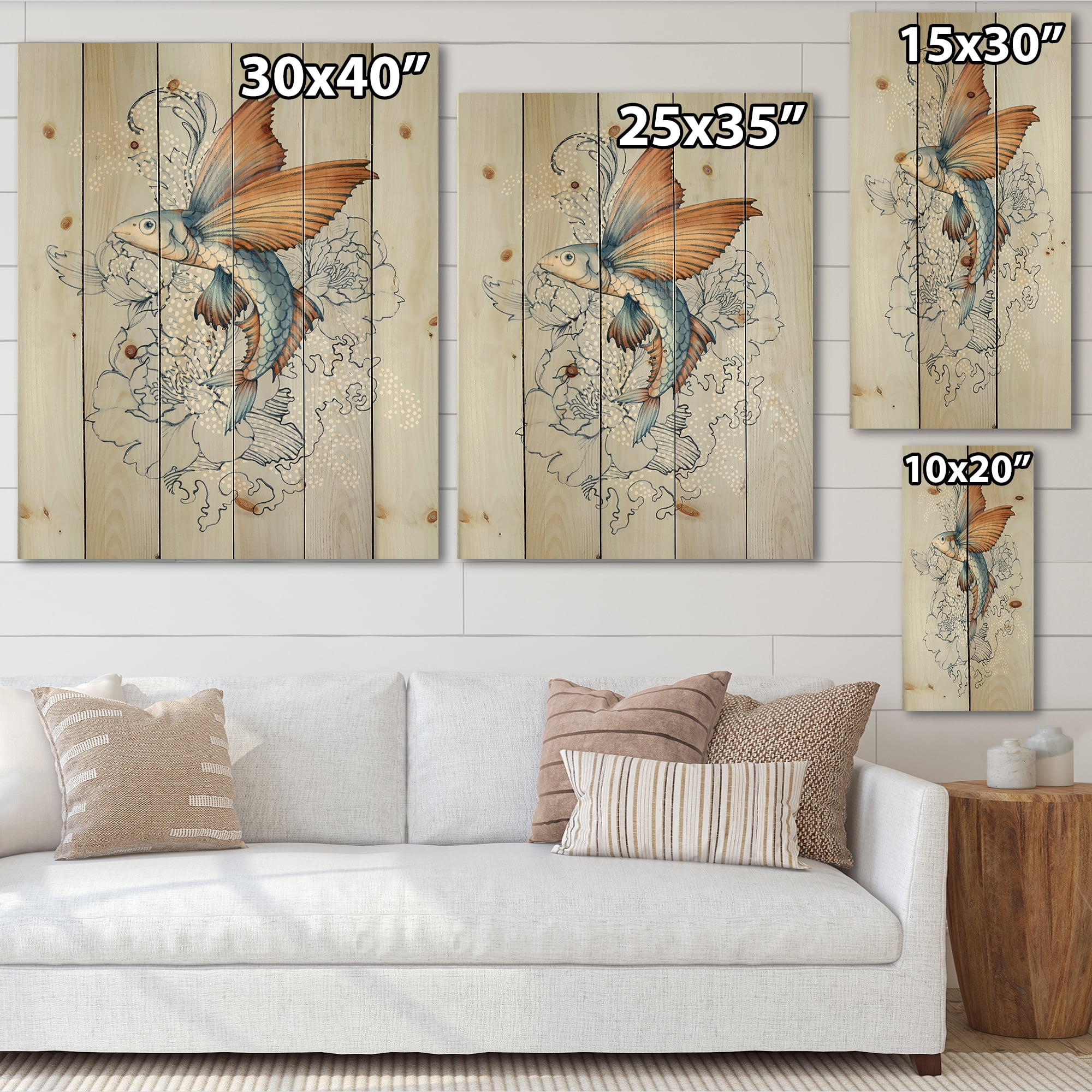 Designart 'Flying Fish and Peonies' Traditional Print on Natural Pine Wood