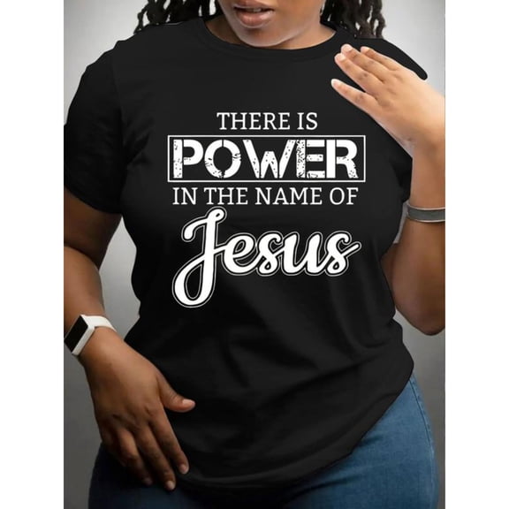 Women's "There Is Power In The Name Of Jesus" Graphic Breathable T Shirt Casual Short Sleeve Round Neck Top Black S-5XL