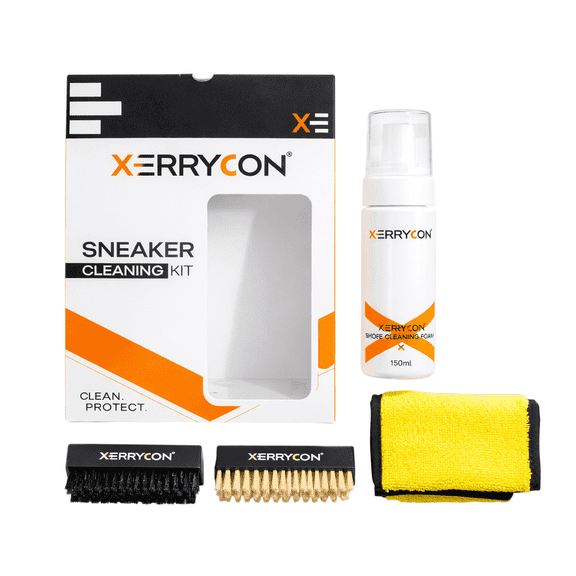 Sneaker Cleaning Kit with Foam Cleaner, Soft & Stiff Brushes, Microfiber Towel – Shoe Cleaner for White Sneakers, Leather, Suede, Canvas, Mesh & Rubber – XERRYCON