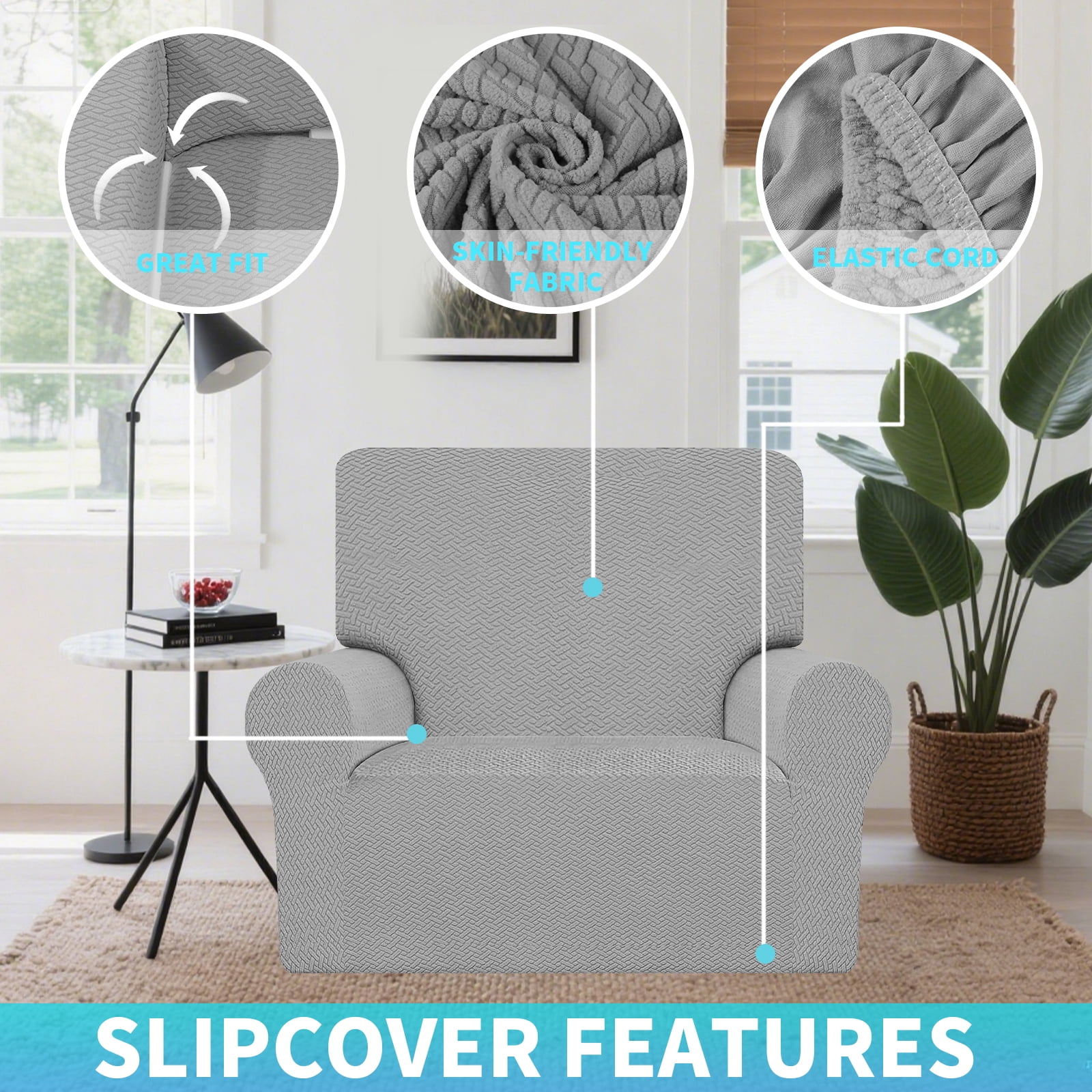 Stretch Single Sofa Slipcover 1 Piece Couch Sofa Cover (35.4"-55") Furniture Protector 1 Seater Sofa with Elastic Bottom for Kids,Pet Dog, Jacquard Pattern, Gray