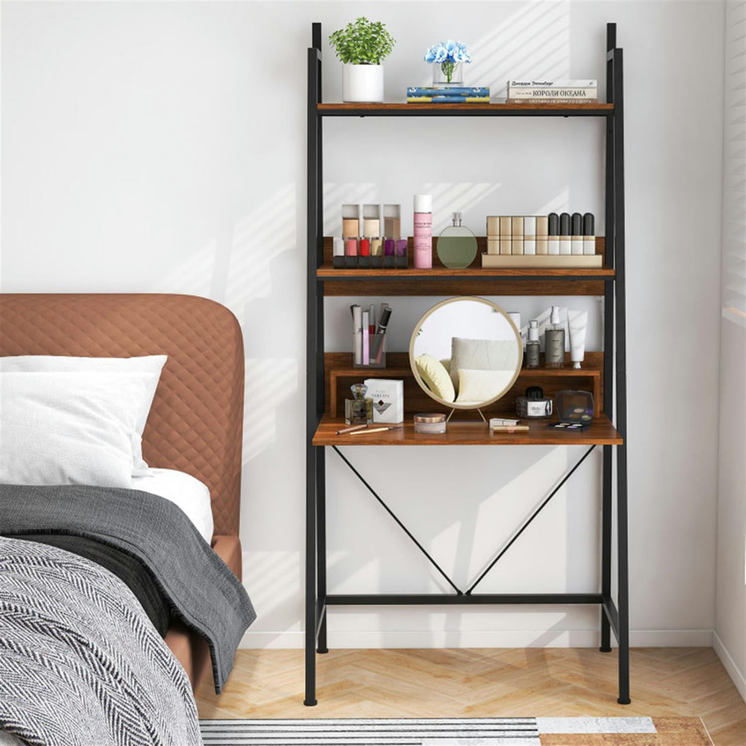 Demi Bonn 71" High Freestanding Laptop Desk with Open Shelves for Living Room Bedroom Study, Laptop Workstation for Laptops, Books, Tablets, and Art, Brown