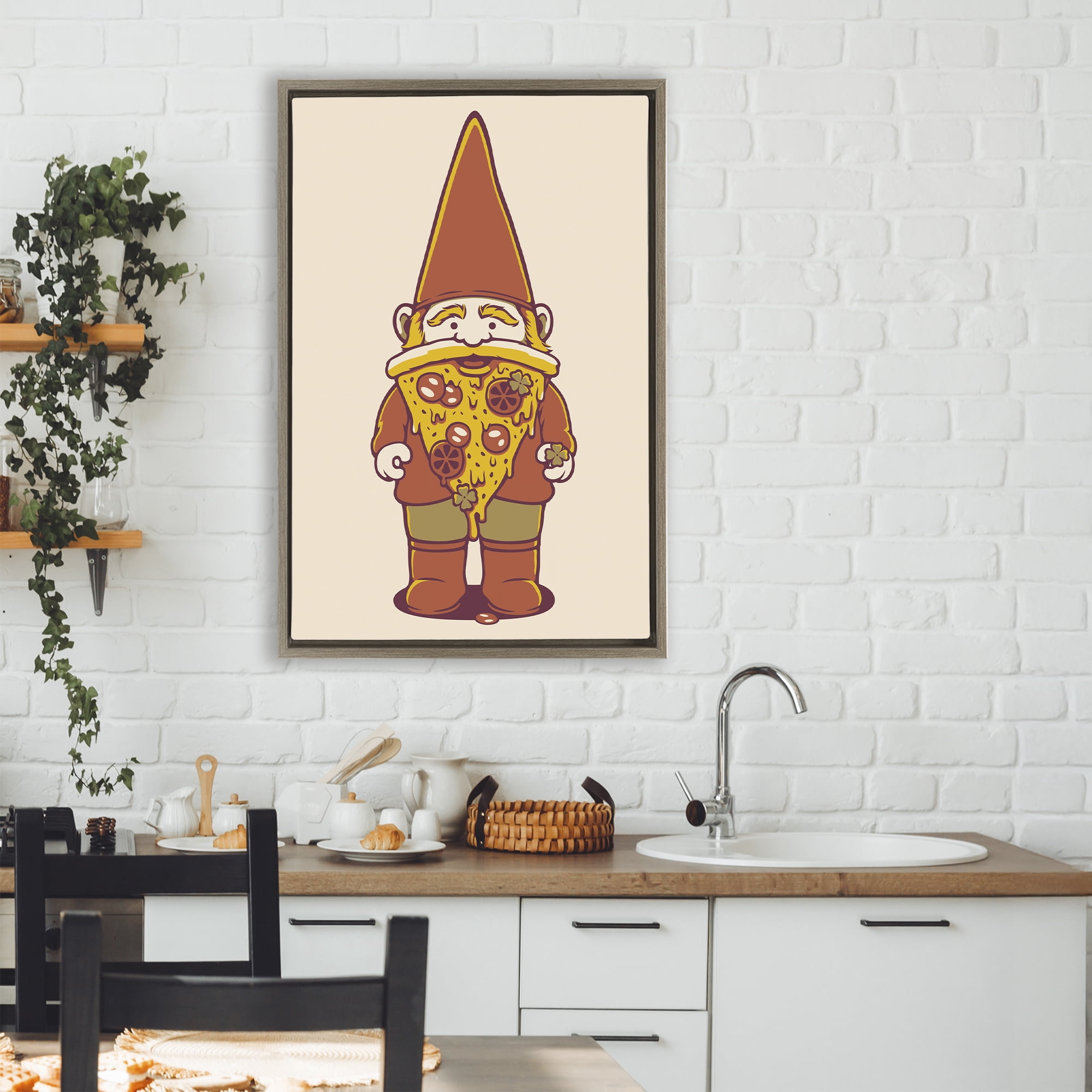 Stupell Industries Happy Pizza Gnome Brown Framed Floater Canvas Wall Art, design by Tobe Fonseca