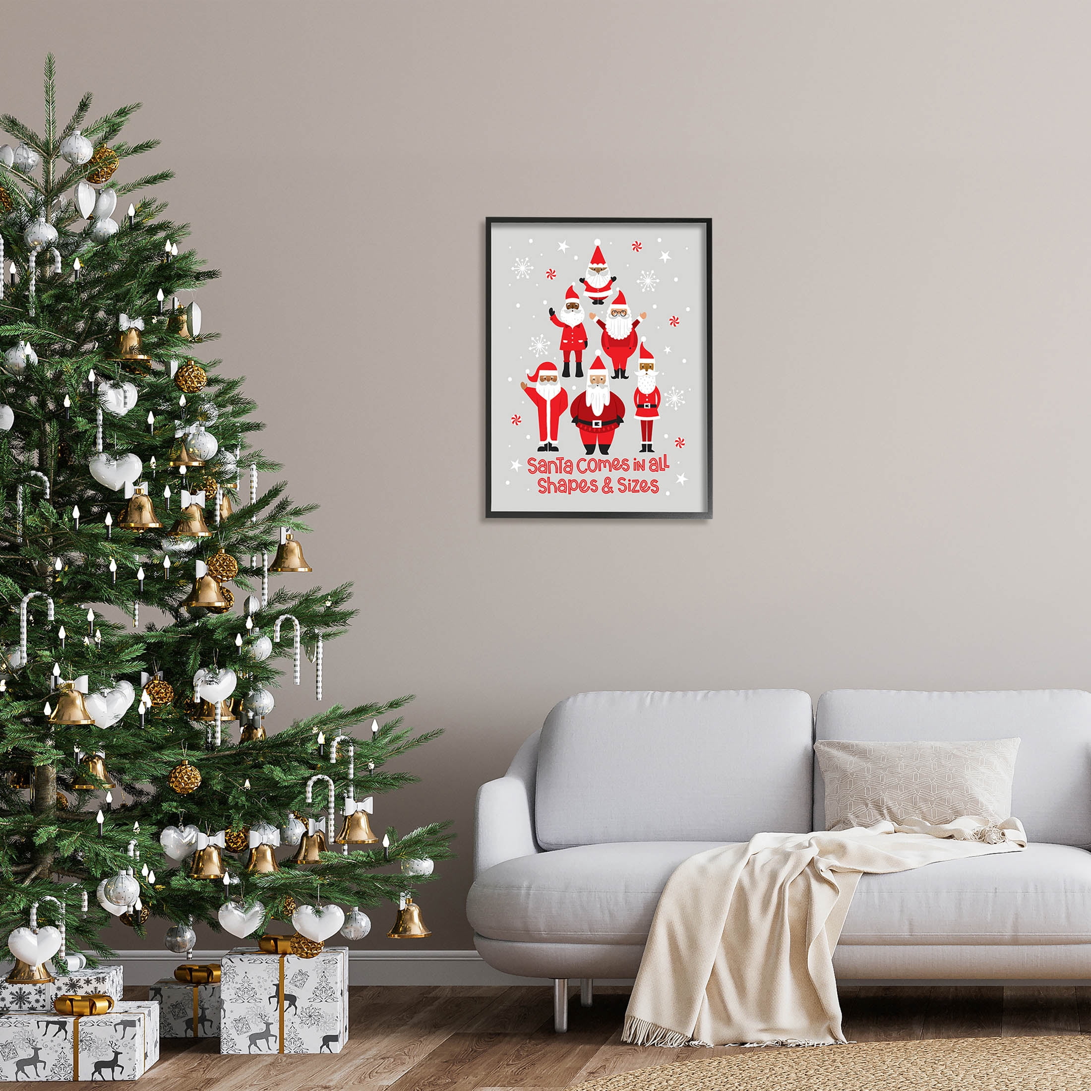 Santa All Shapes & Sizes Christmas Phrase Holiday Graphic Art Black Framed Art Print Wall Art