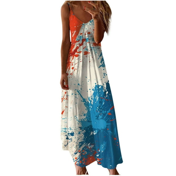 Xihbxyly Womens Plus Size Maxi Dress, Women's Summer Printed Sleeveless Scoop Neck Sexy Sundress Casual Flowy Swing Beach Dresses 0 Maxi Dress Summer