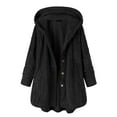thumbnail image 2 of Women's Loose Button Plush Hooded Solid Color Long-Sleeved Mid-Length Coat for Fall and Winter, Comfort Fit, Winter Clothes for Women,Black,L, 2 of 5