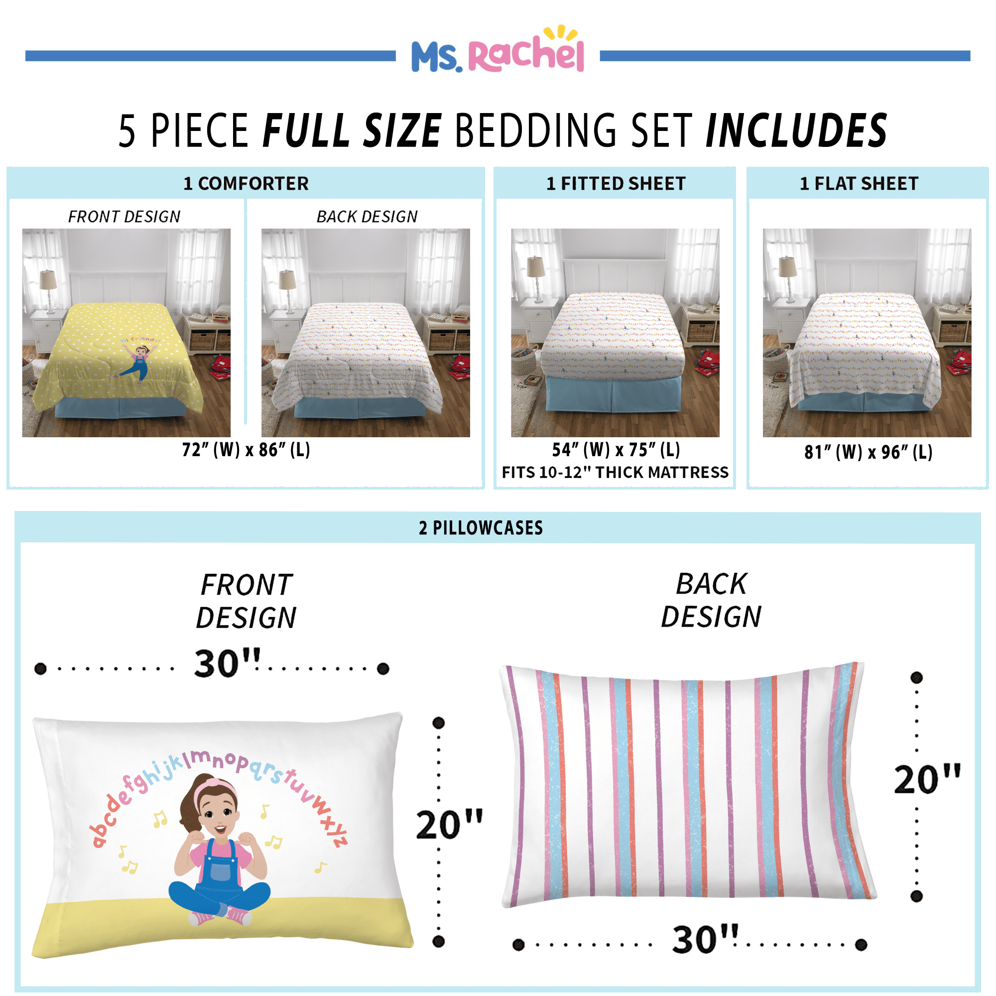 Ms. Rachel Kids 5 Piece Yellow White Polka Dot Reversible Comforter, Bed in a Bag, Full