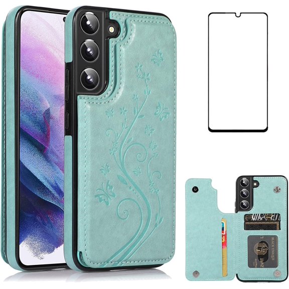 Case for Samsung Galaxy S22 5G with Tempered Glass Screen Protector, Flip Wallet Cases Leather Stand with Card Holder,Double Magnetic Clasp and Durable Shockproof Cover Glaxay S22 (Green)