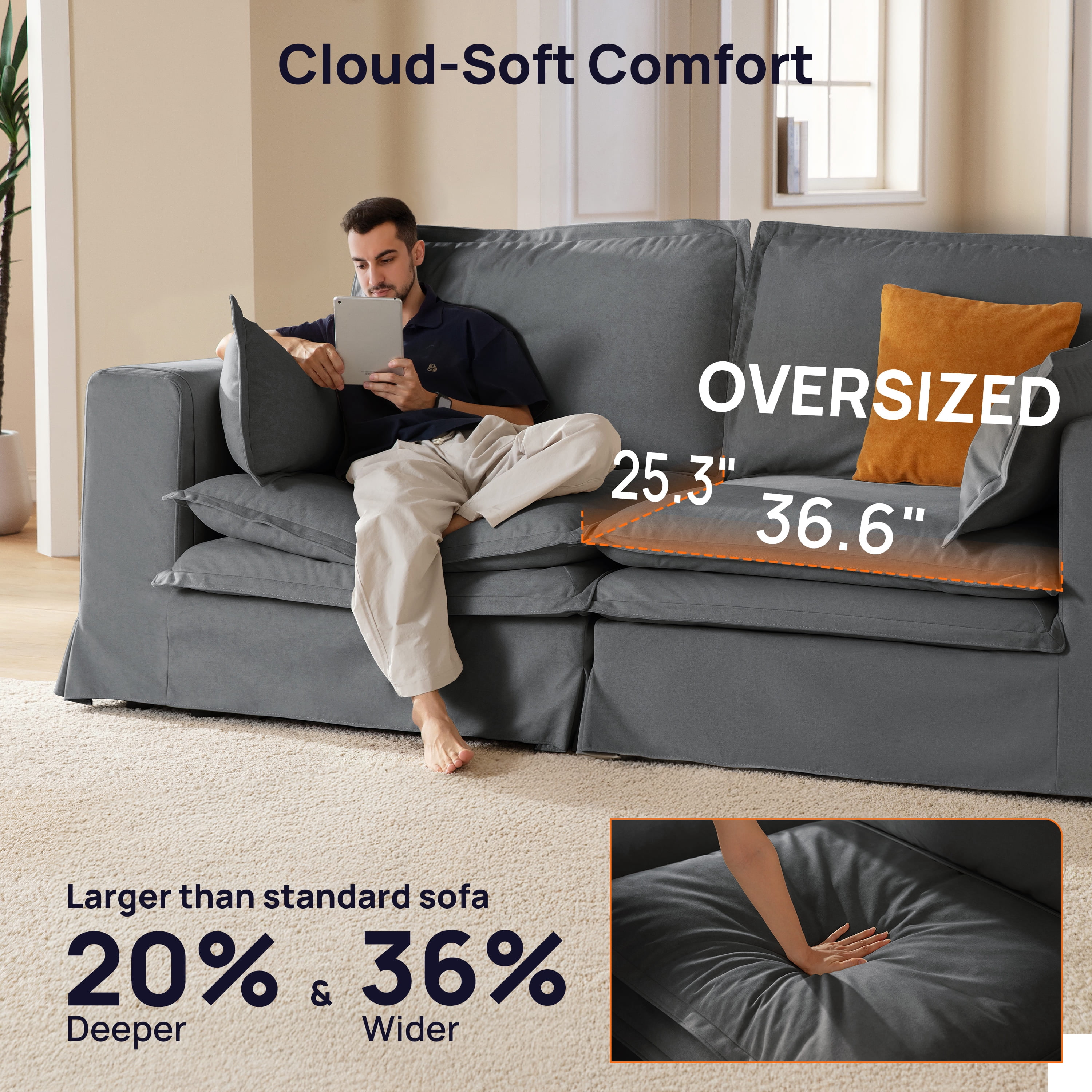 CHIC HOUSE Modular Deep-Seat Corner Seat for Sectional Sofa, Removable Washable Slipcover, Waterproof & Pet-Scratch-Resistant, Comfy Cloud Couch with Dual-Layer Cushion for Living Room, Gray