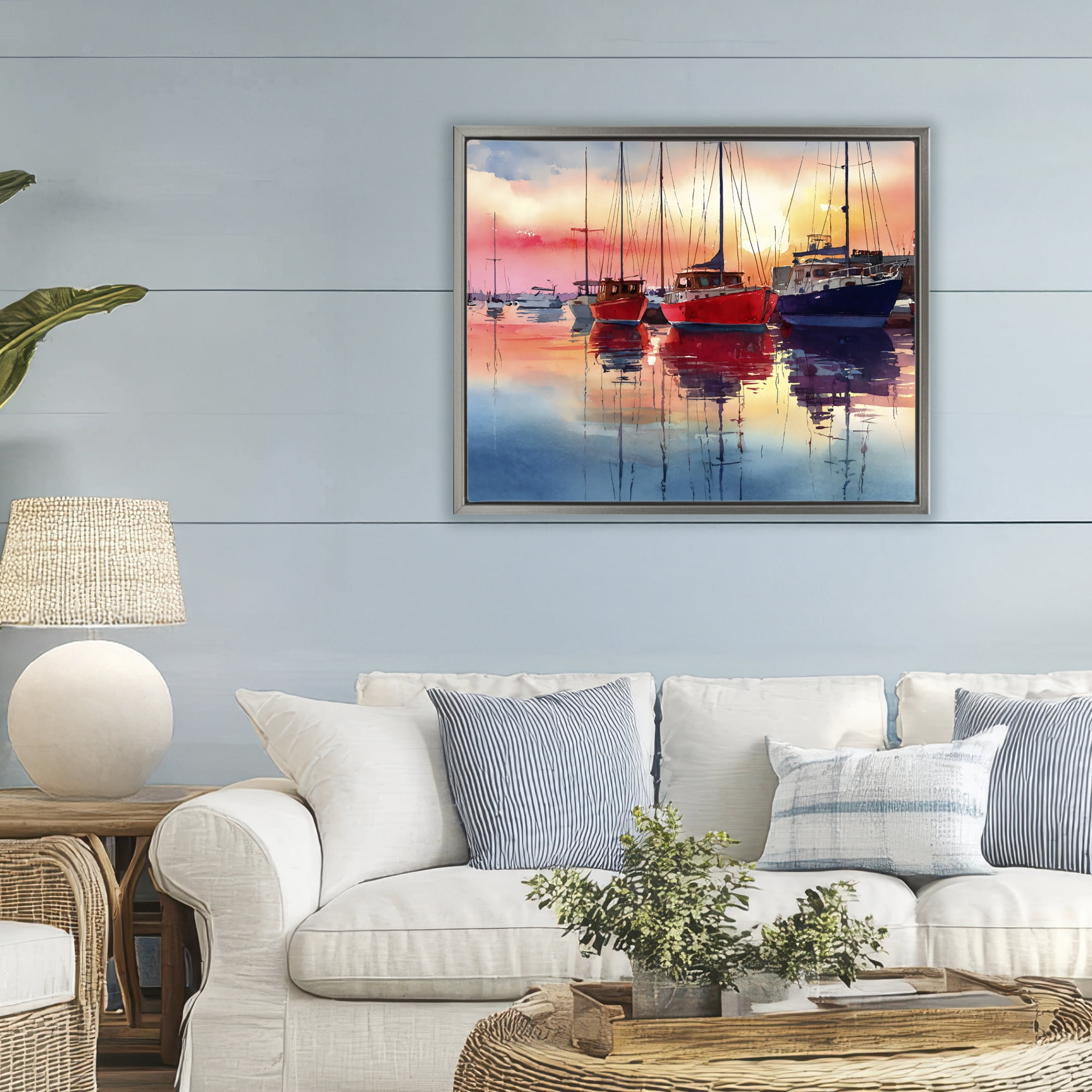 Stupell Industries Red & Blue Boats at Sunset Gray Framed Floater Canvas Wall Art, design by Franklyn Gregory