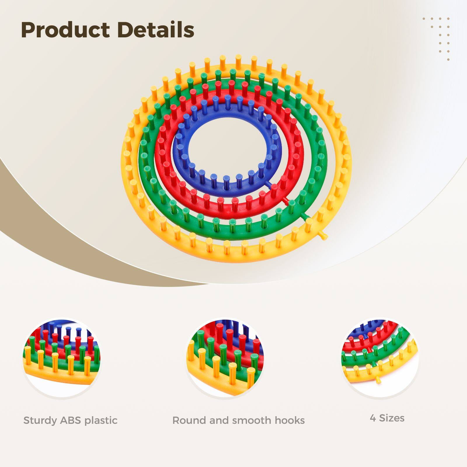 Round Knitting Loom Set,4 Pcs Circular Knit Looms with Crochet Hook and 2 Pcs Needles,DIY Knitting Tools Set for Hats Gloves and Socks Home DIY Projects
