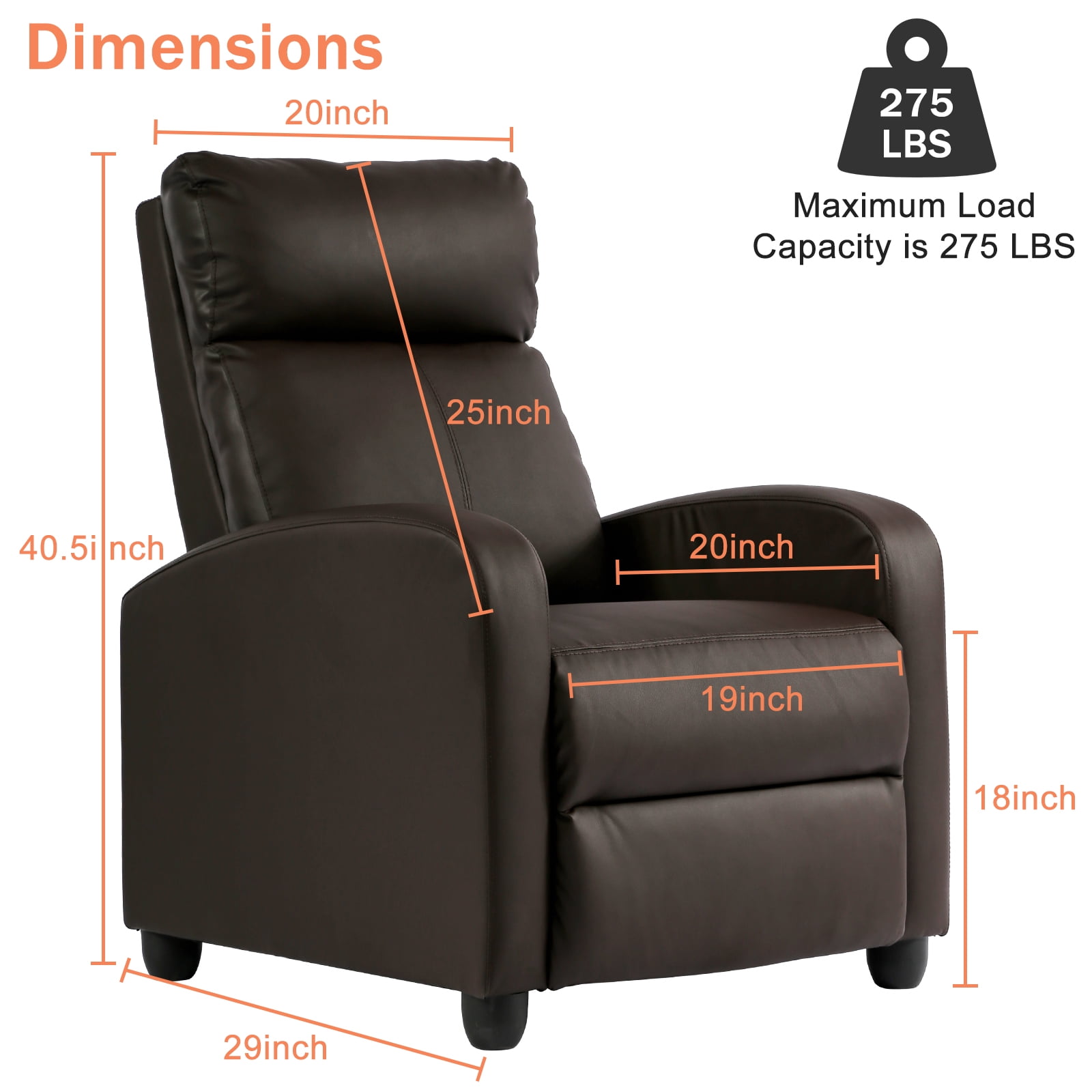 Recliner Chair Padded Seat Pu Leather Reclining Chairs for Living Room Adjustable Single Sofa with Footrest Home Theater Seating Modern Lazy Boy Recliner Sofa Reading Chair, Brown