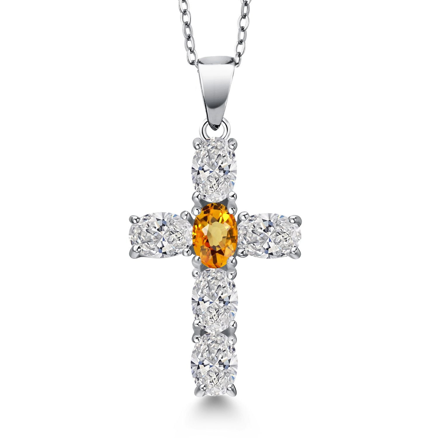 Gem Stone King 925 Sterling Silver Lab Grown Diamond and Yellow Sapphire Cross Pendant Necklace for Women | 2.62 Cttw | Gemstone April Birthstone | Oval 6X4MM | With 18 inch Chain