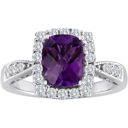 Genuine Amethyst and Created White Sapphire Sterling Silver Ring