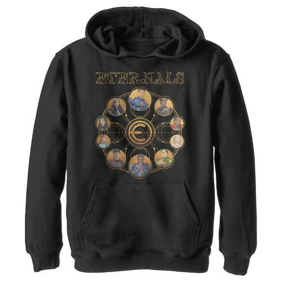 Boy's Marvel Eternals Circular Gold  Pull Over Hoodie Black X Large