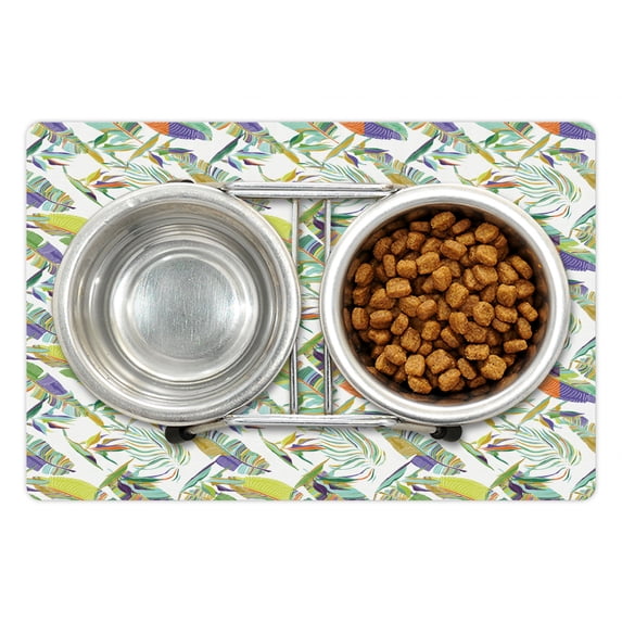 Banana Leaf Pet Mat for Food and Water, Exotic Leafy Paradise of Banana Tree with Pastel Toning Multicolored Leaves, Non-Slip Rubber Mat for Dogs and Cats, 18" X 12", by Ambesonne
