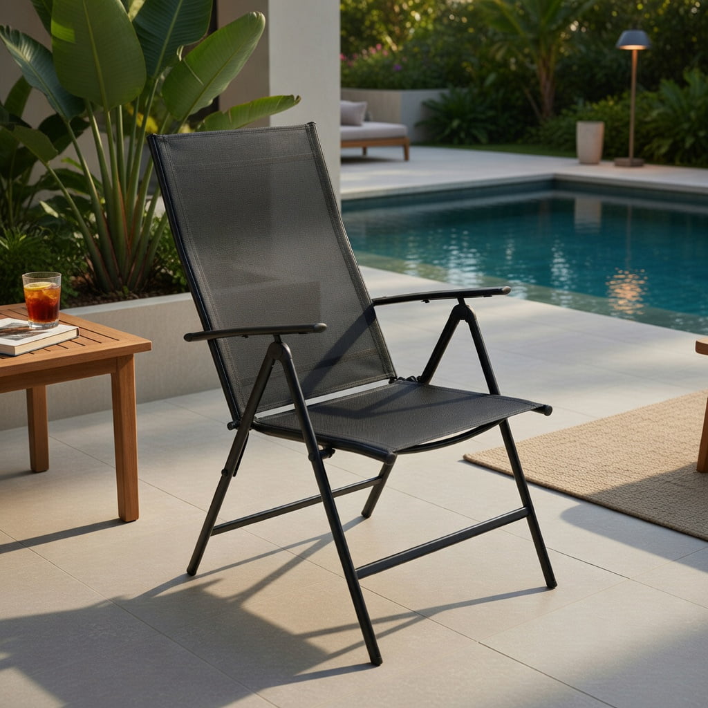 Hommoo 2-Pack Adjustable Outdoor Folding Dining Chairs, Heavy-Duty Steel Frame, Breathable Fabric, Portable Patio Recliners for Deck, Poolside & Garden, Black