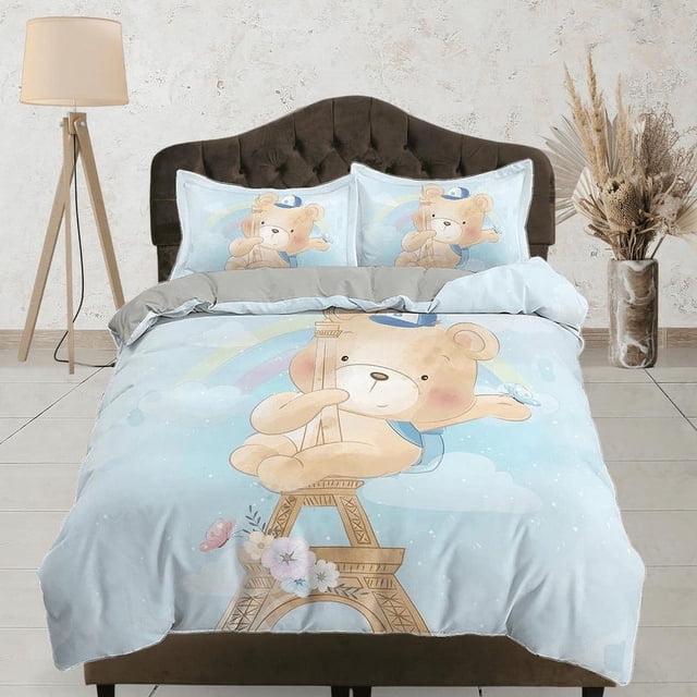 Lindo oso de peluche en la Torre Eiffel ropa de cama, juego de funda nórdica, ropa de cama con cremallera, dormitorio