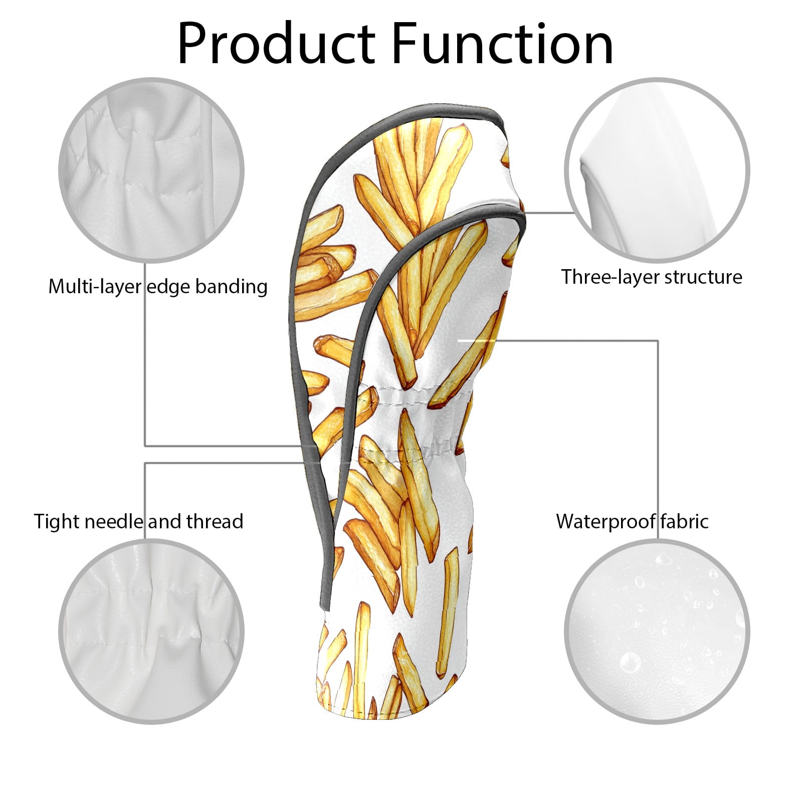 Golf Club Covers PU Leather Waterproof Head Covers for Fairway Woods Hybrids French Fries Pattern Unisex Fits Most Brands