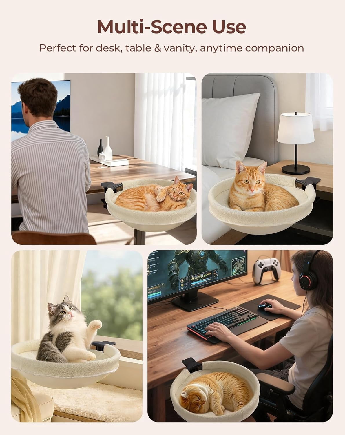 Cat Desk Bed, 16"x16" Sturdy Rotating Cat Bed for Desk with Removable Washable Soft Fabric Hammock Cover, Stable Holds Up to 50 lbs, Space Saving Cat Perch for Home Office, Game Table