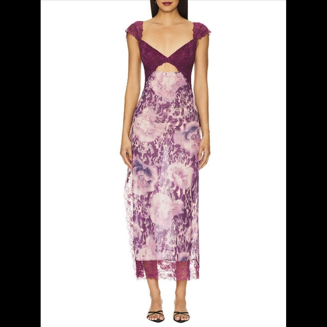 Vestidos Largos de Verano Y2K con Encaje, Retazos, , Estampado Floral, Escote Corazón, Espalda Descubierta y Abertura para Mujer Oscuro S
