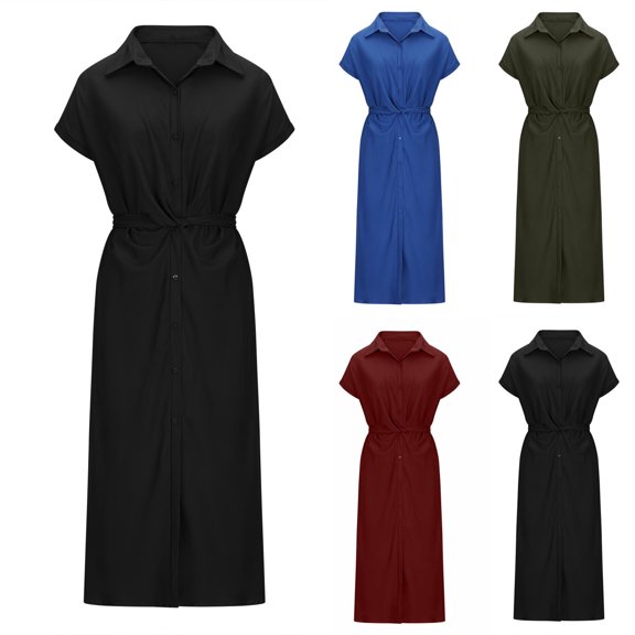 Fengqque Women's Button Down Shirt Dress Lapel Short Sleeve Solid Color Waist-cinching Maxi Dress Wine 10(XL)
