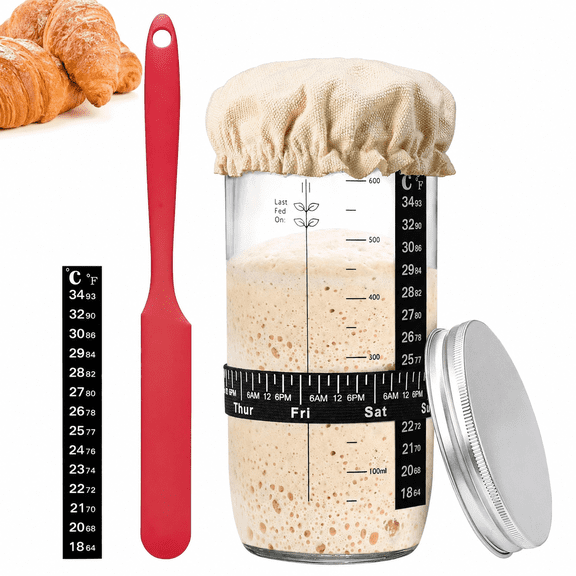 Sourdough Starter Jar Kit, 650ml Sourdough Starter Jar With Thermometer, Silicone Scraper, Cloth Cover And Aluminum Lid. Reusable Sour Dough Starter Jar