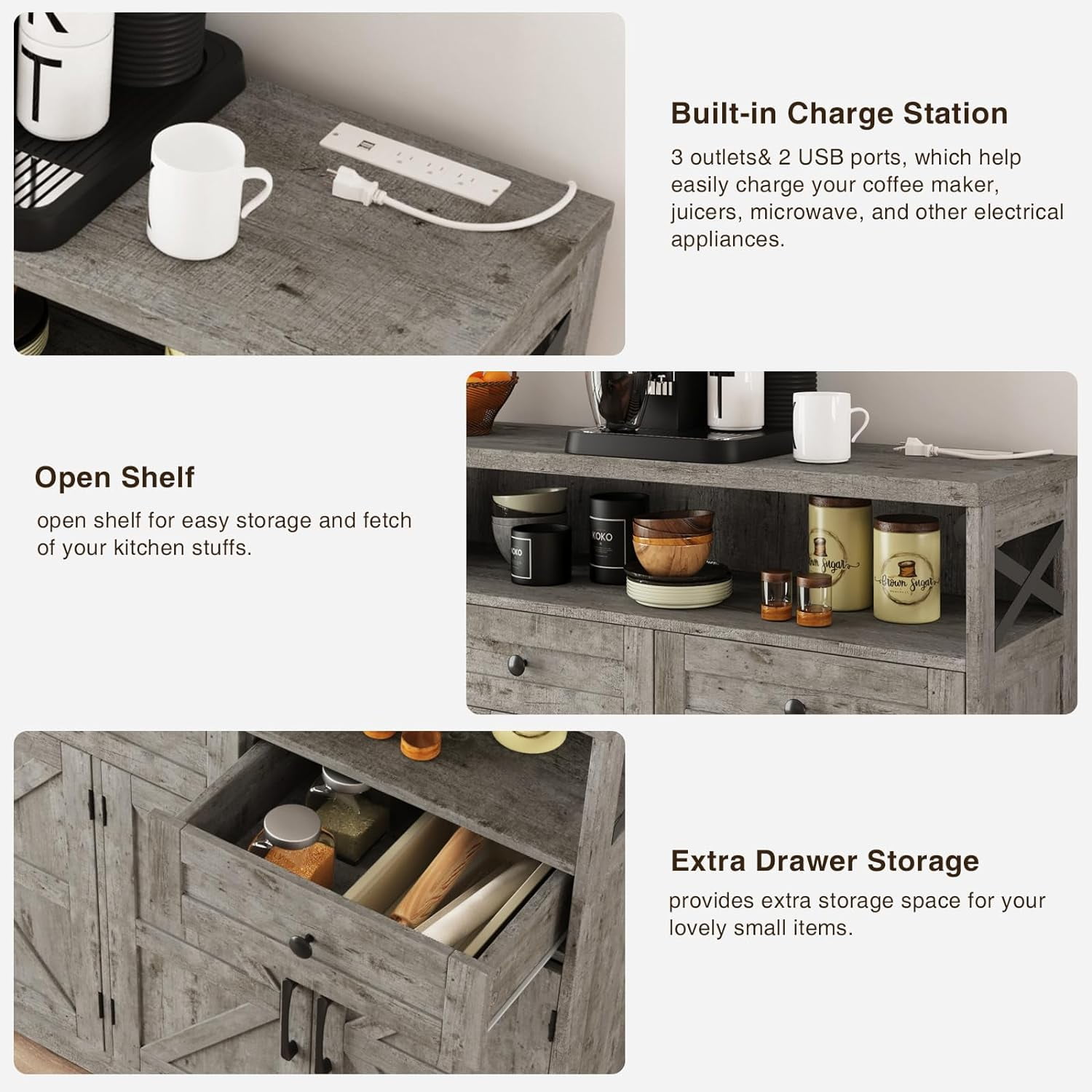 Veanerwood 52" L Farmhouse Buffet Cabinet with Drawers, Sideboard with Storage, Kitchen Pantry Cabinet Hutch for Kitchen, Dining Room, Livingroom, Grey
