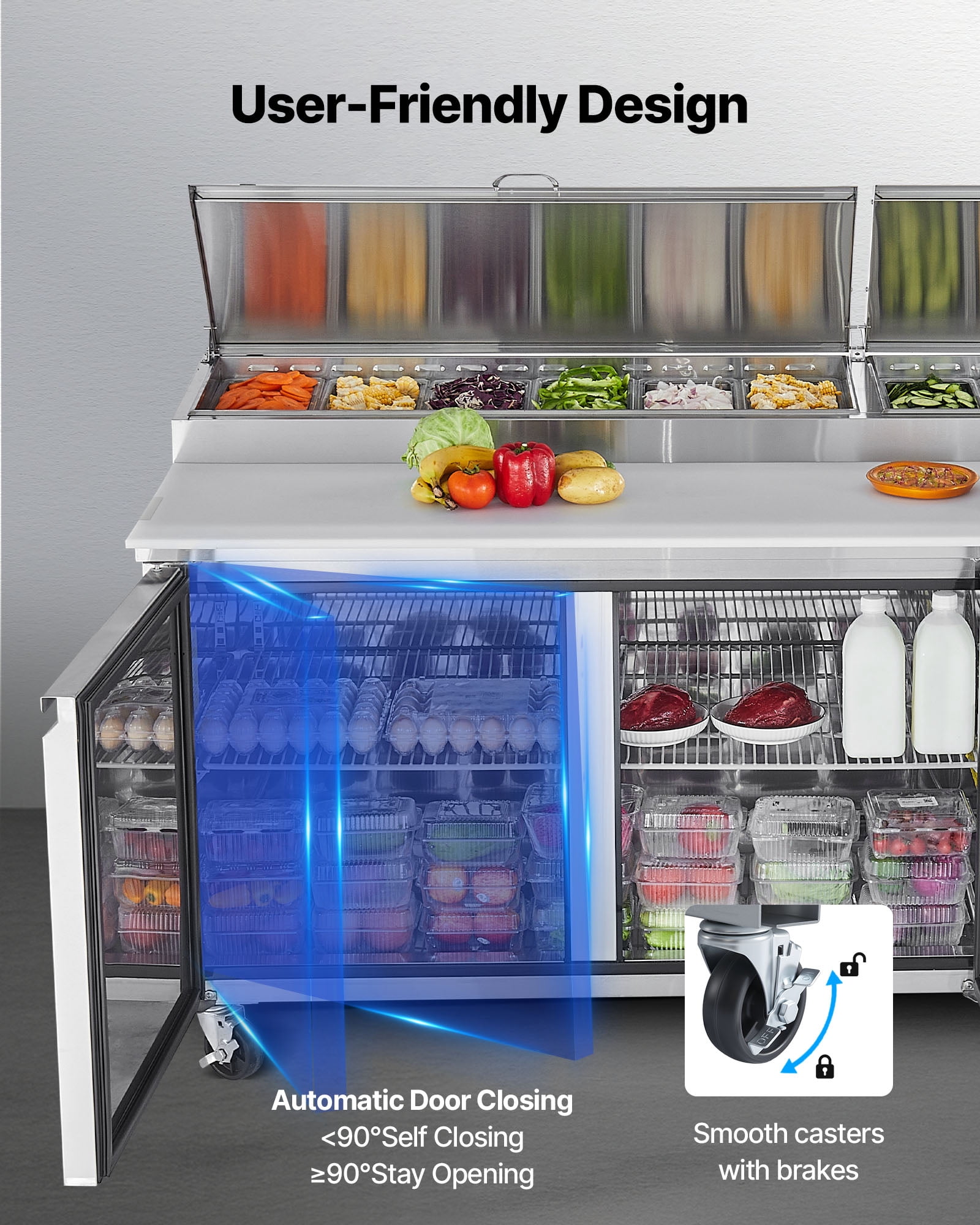 VEVOR 67"W Commercial Refrigerator, Pizza Prep Refrigerated Table,20" Ultra Wide Countertop Food Prep Worktable, 20.3 Cu.Ft Single Door Salad Prep Fridge, 9 Pans Pizza Make Worktop with Cutting Board