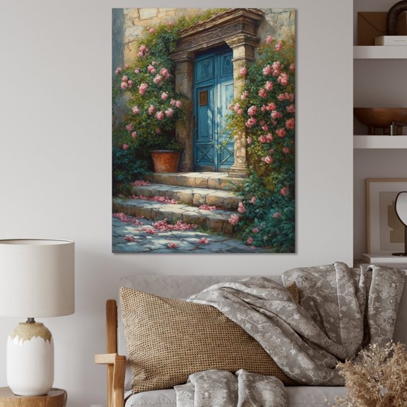 Designart "Blue And Pink Garden Door Gateway III" Farm Door and Windows Canvas Wall Art