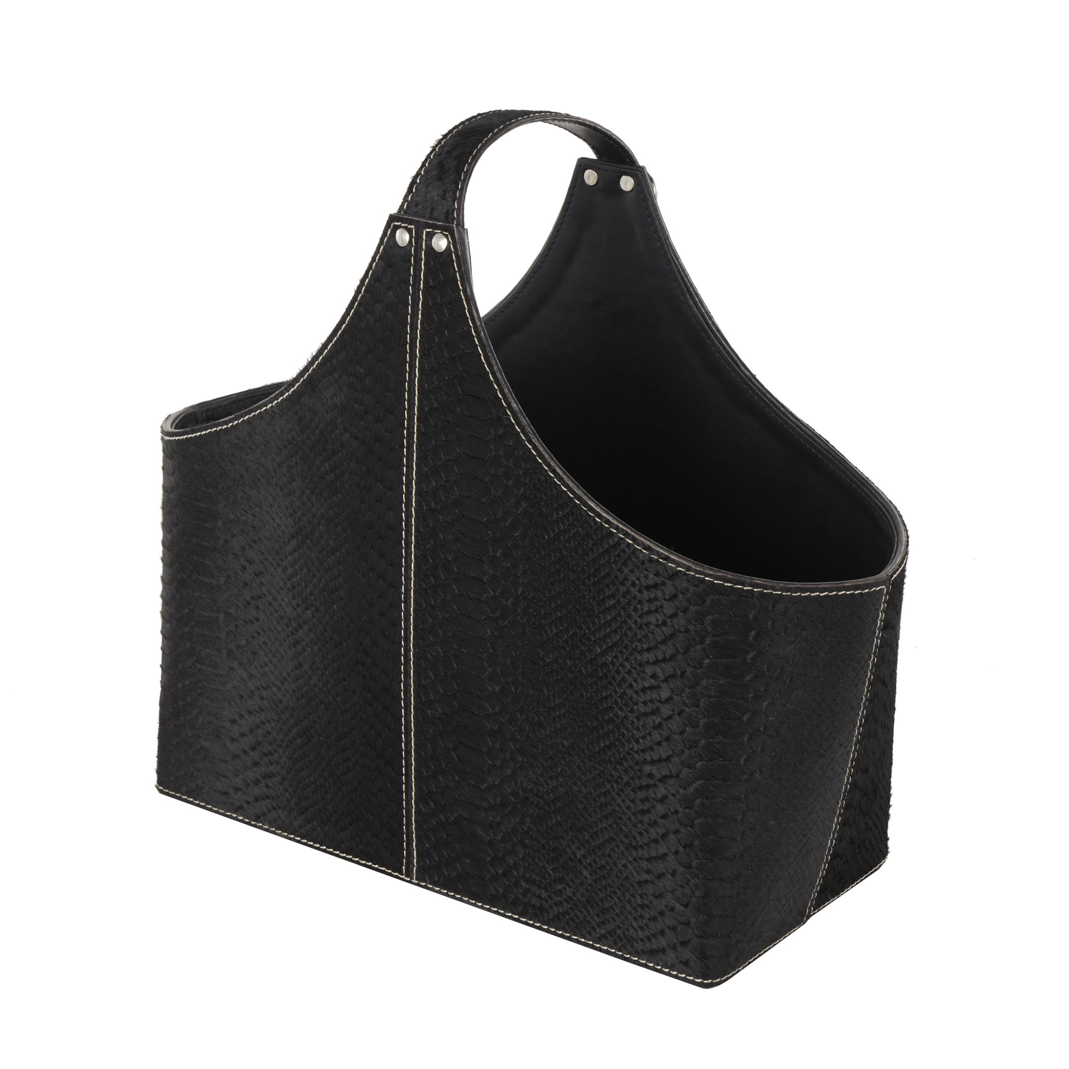 DecMode 15" Black Leather Handmade Box Style Magazine Holder with Detail Stitching and Curved Buckle Handles