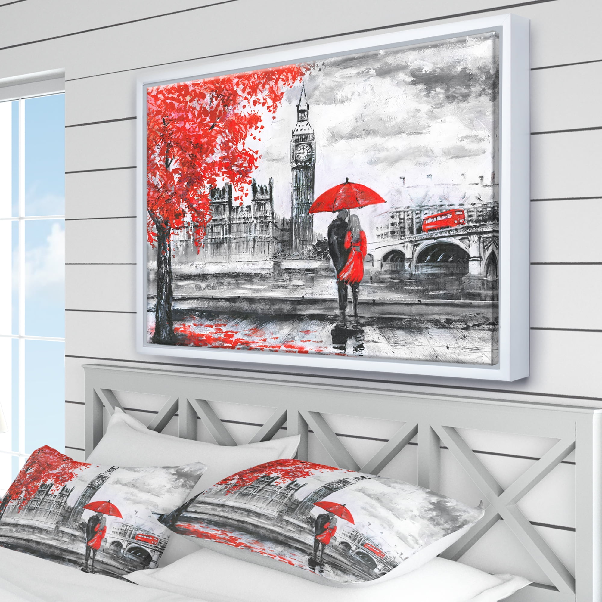 Designart ' Couples Walking in London ' Landscape Framed Canvas Art Print