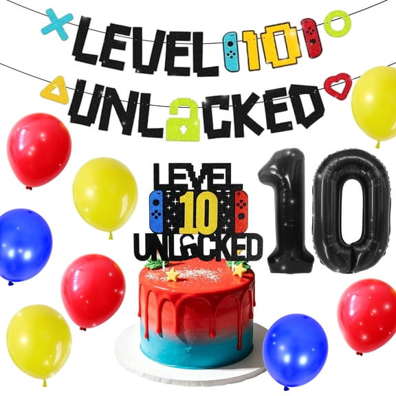 Level 10 Unlocked Gaming Theme Birthday Decorations Set - Colorful Balloon & Banner Party Supplies
