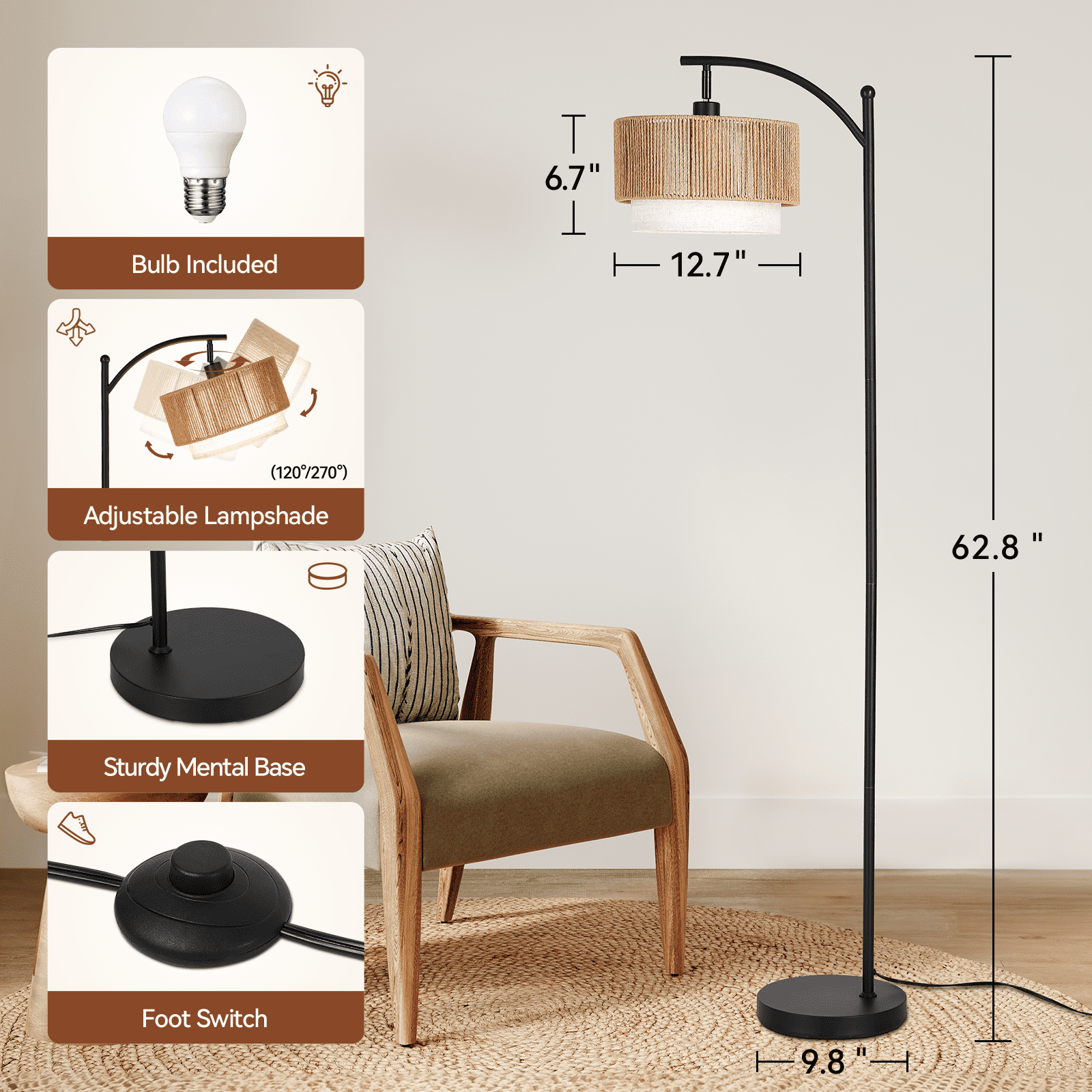 SUNMORY Rattan Floor Lamps, Boho Standing Lamps with Rattan & Linen Double Shades, Arc Lamp Floor with 12W Bulb, Foot Switch, Bohemian Floor Lamps for for Living Room, Bedroom, Study Room