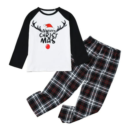 

ZHUASHUM Kids Christmas Letter Plaid Print Long Sleeve Xmas Sleepwear Holiday Family Matching Pajamas