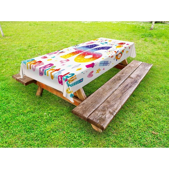16th Birthday Outdoor Tablecloth, Cute Sweet Teenage Celebration Motif Hearts Balloon Bird Box Stars Design, Decorative Washable Fabric Picnic Tablecloth, 58 X 104 Inches, Multicolor, by Ambesonne