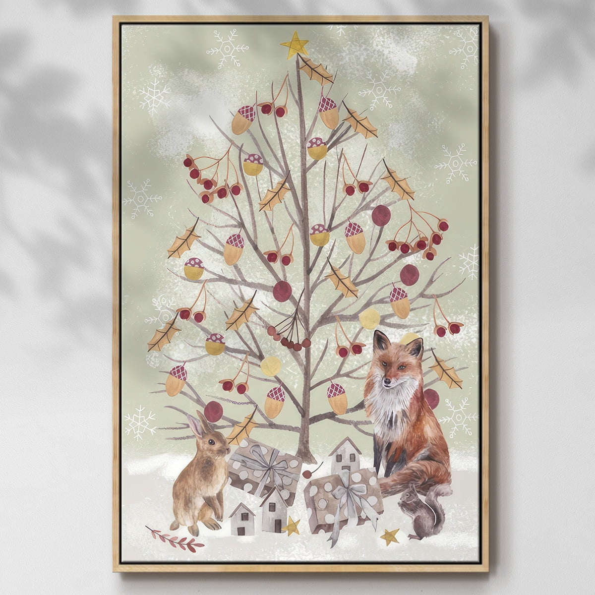Christmas Time Collection B - Framed Gallery Wrapped Holiday Canvas - 17 x 25 - Natural Wood Frame