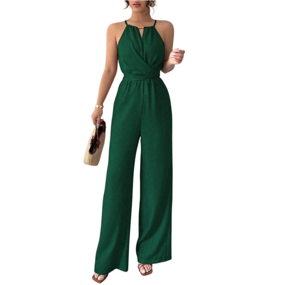 DORKASM Basic Jumpsuit Casual Waist Button Tie Jumpsuit For Women Green M
