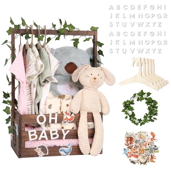 TeSabMi Baby Shower Crate Closet, Wooden Gift Basket with Alphabet Letters, Clothes Hangers and Vine for Custom Name Display, Brown