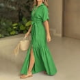 thumbnail image 3 of Xaqiouau Women Solid Color V Neck Short Sleeve Wrap Maxi Dress Waist Tie Front Slit Elegant Flowy Boho Chic Casual Vacation Daily Summer Dress Green XXL, 3 of 5