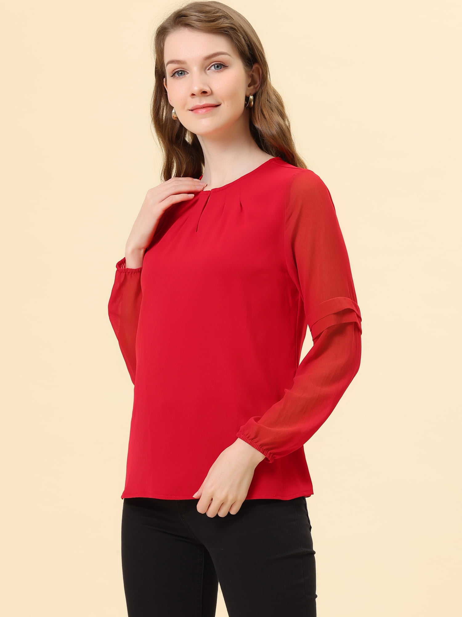 DARING DIVA Chiffon Semi Sheer Long Sleeves Keyhole Neck Blouse XL Red