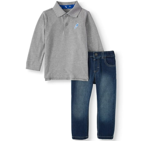 Garanimals Long Sleeve Polo Shirt & Stretch Denim Pants, 2pc Outfit Set (Toddler Boys)