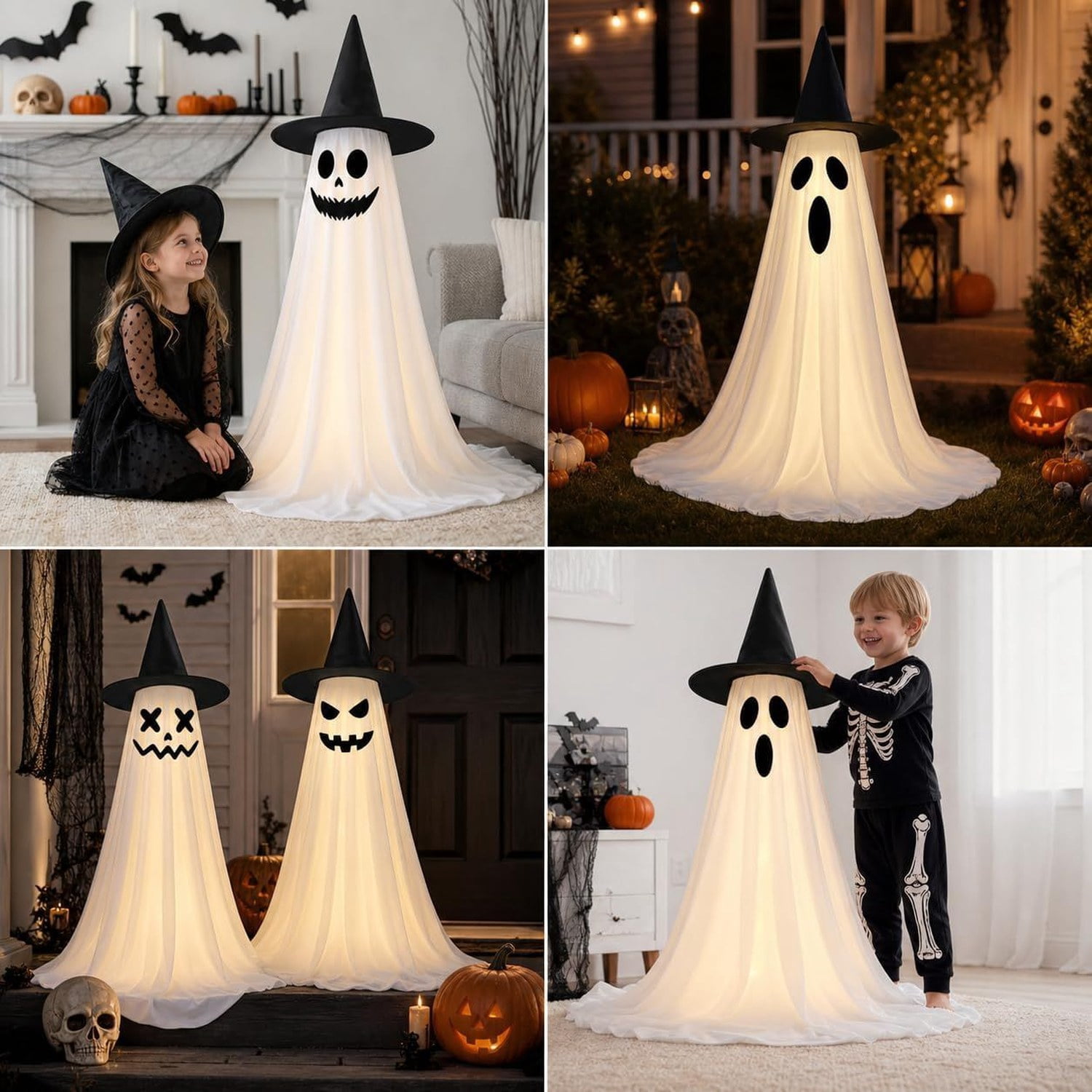 Lighted Halloween Ghost Decoration, 2-Piece Set with Adjustable Height 43-63 in, 6 Lighting Modes, Timer, Remote, Interchangeable Face Stickers, Indoor Outdoor Yard Decor