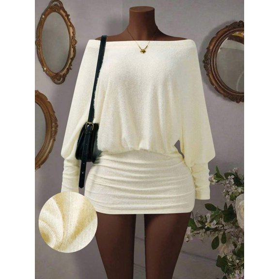 Apricot Off-Shoulder Long Sleeve Ruched Bodycon Mini Dress