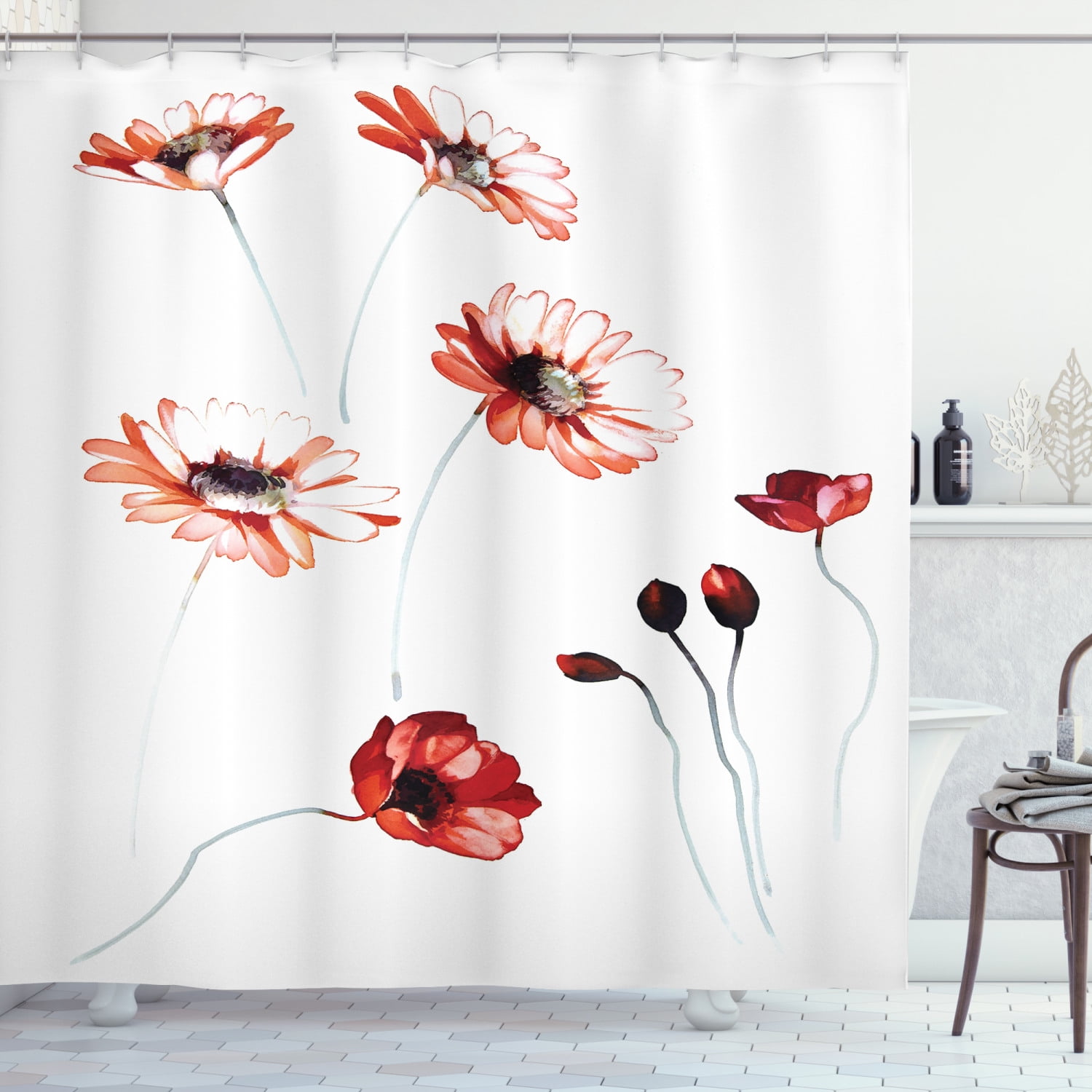 Watercolor Red Poppy Floral Farmhouse Water-Repel Fabric Shower Curtain Hooks 