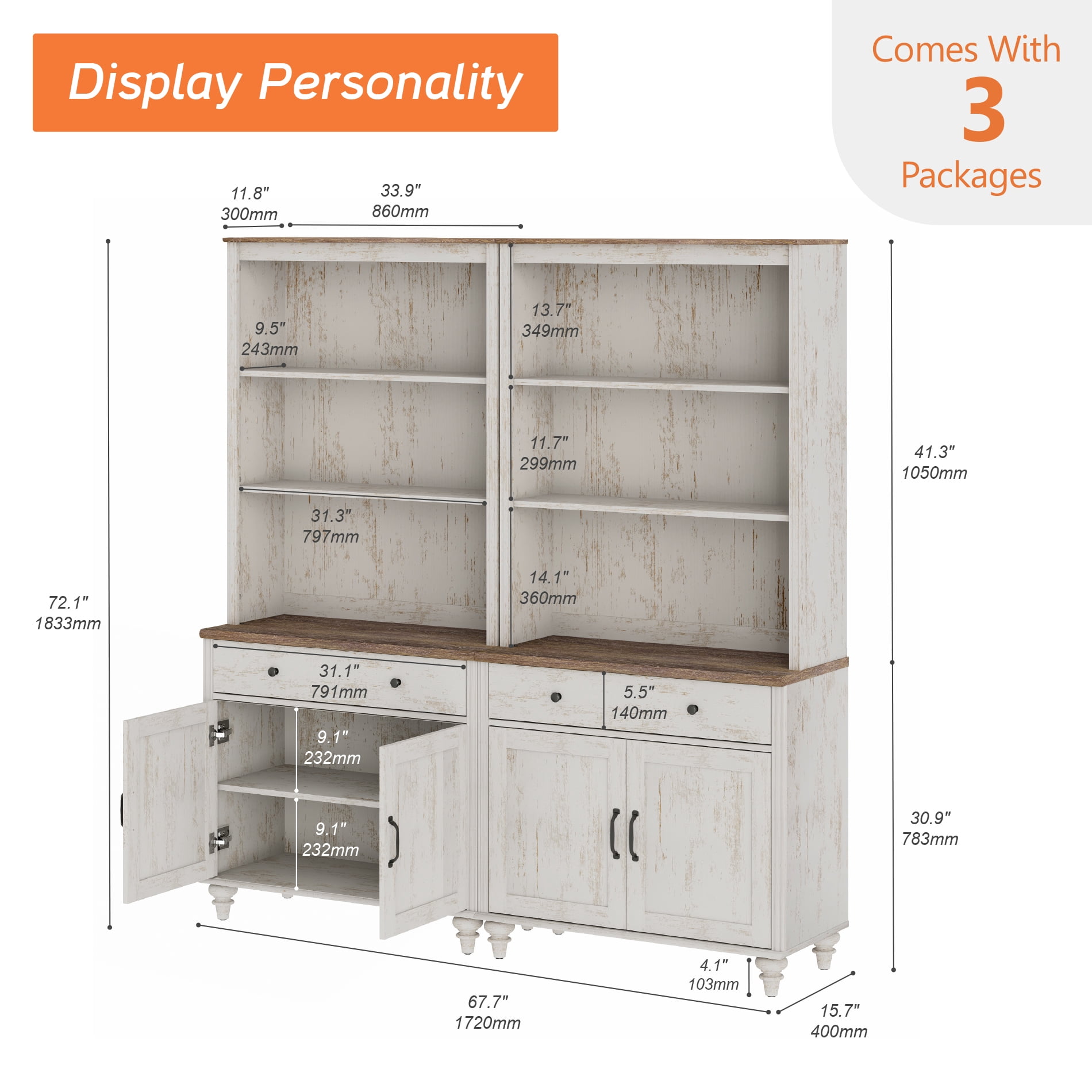 Farmhouse 5 Tier Bookcase With 2 Drawers and 4 Doors, Rustic White, 67.7" W