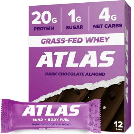 Atlas Protein Bar  20g Protein  1g Sugar  Clean Ingredients  Gluten Free  Dark Chocolate Almond  12 Count