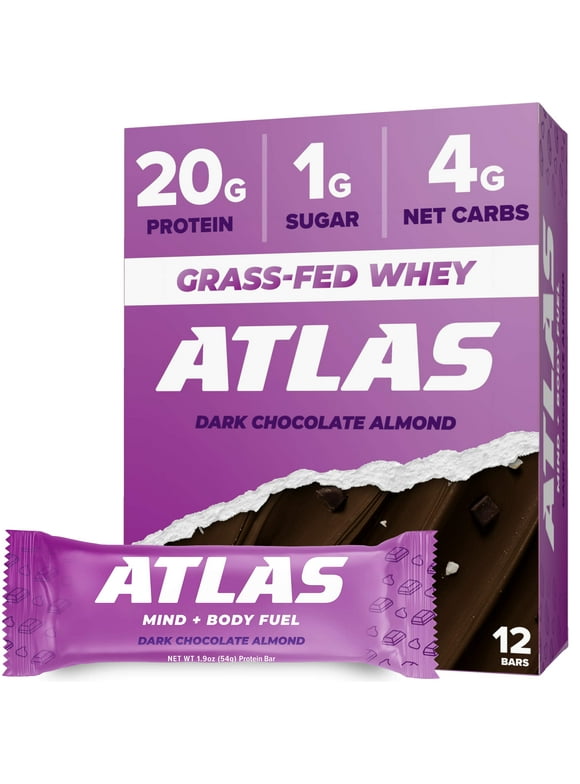 Atlas Protein Bar, 20g Protein, 1g Sugar, Clean Ingredients, Gluten Free, Dark Chocolate Almond, 12 Count