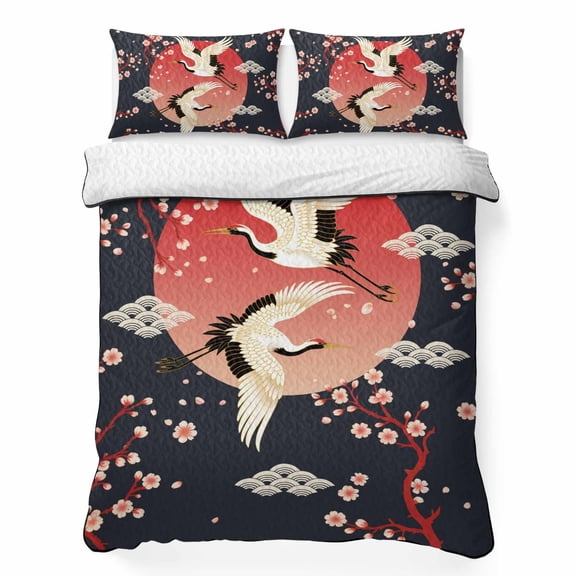 Twin XL Quilt Set, Blossom Cherry Flower Crane Lightweight Quilt Sets Summer Comforter Coverlets with 2 Pillow Shams, Japanese Style Breathable 3 Piece Bedding Set for All Seasons