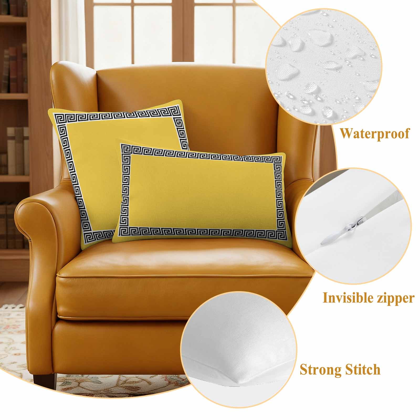Outdoor Pillow Covers Greek Ethnic Key Texture Waterproof Pillow Cases 18x18 Set of 2, Twist Stripe Line on Yellow Throw Pillow Cover Pillowcase for Patio Balcony Couch Garden