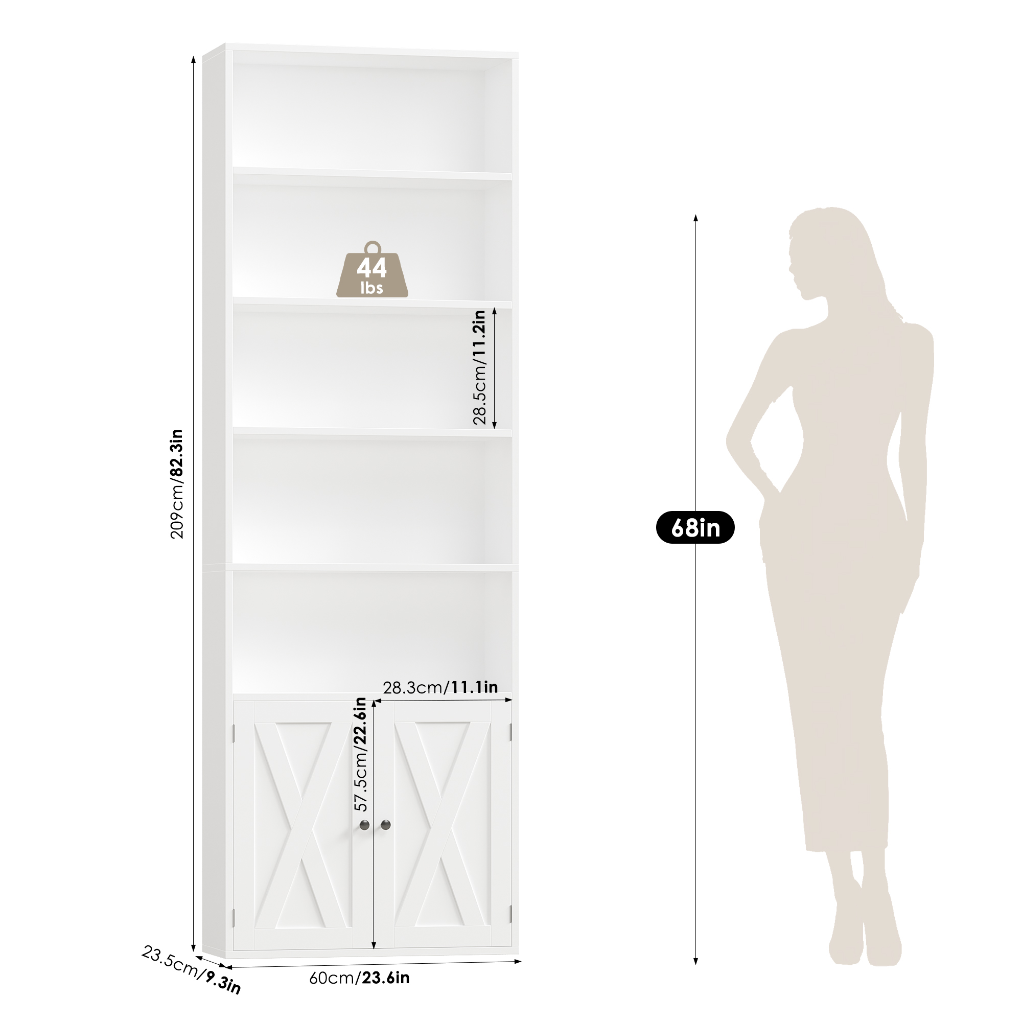 Hiphuta 5-Tier Bookcase with Doors, White, 82.3 Inches photo 4